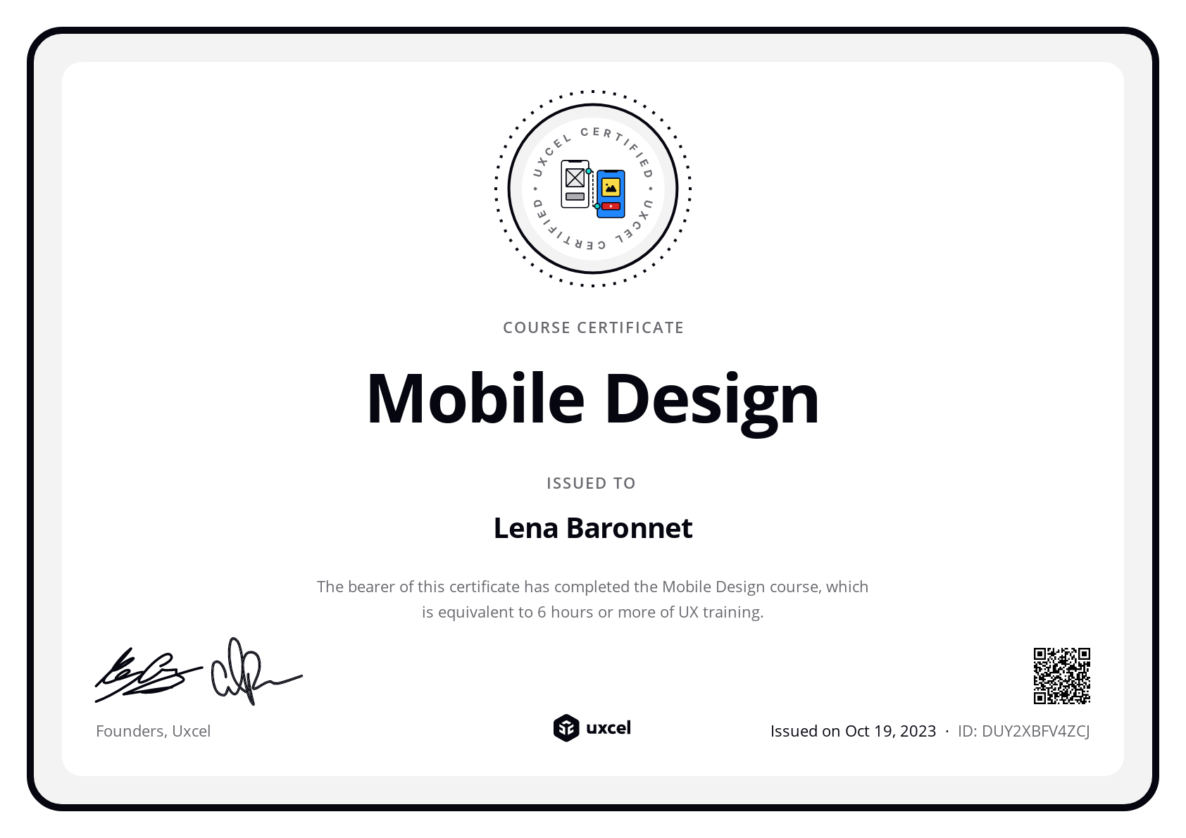 Lena Baronnet's certificate